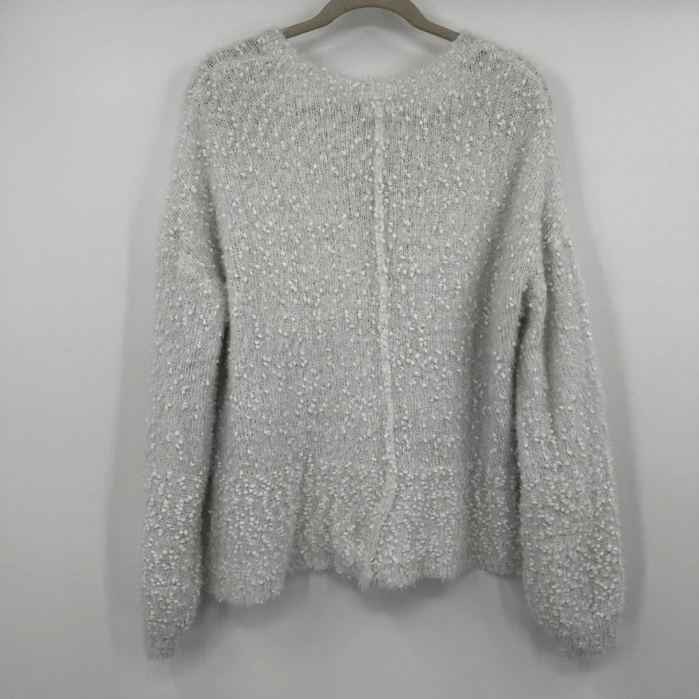 POL Womens Light Grey White Popcorn Eyelash Knit V-Neck‎ Oversized Sweater Large